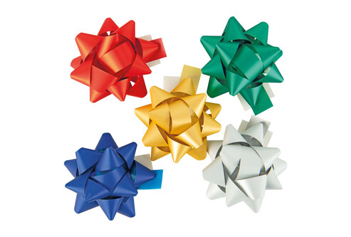 Esplorate la nostra gamma di fiocchi regalo adesivi disponibili in 5 colori: rosso, oro, verde, blu e argento